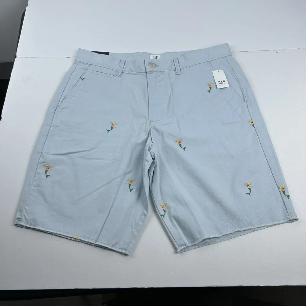 Gap 32 x 10” Light BLue Mermaid All Over Raw Hem Casual Chino Shorts
